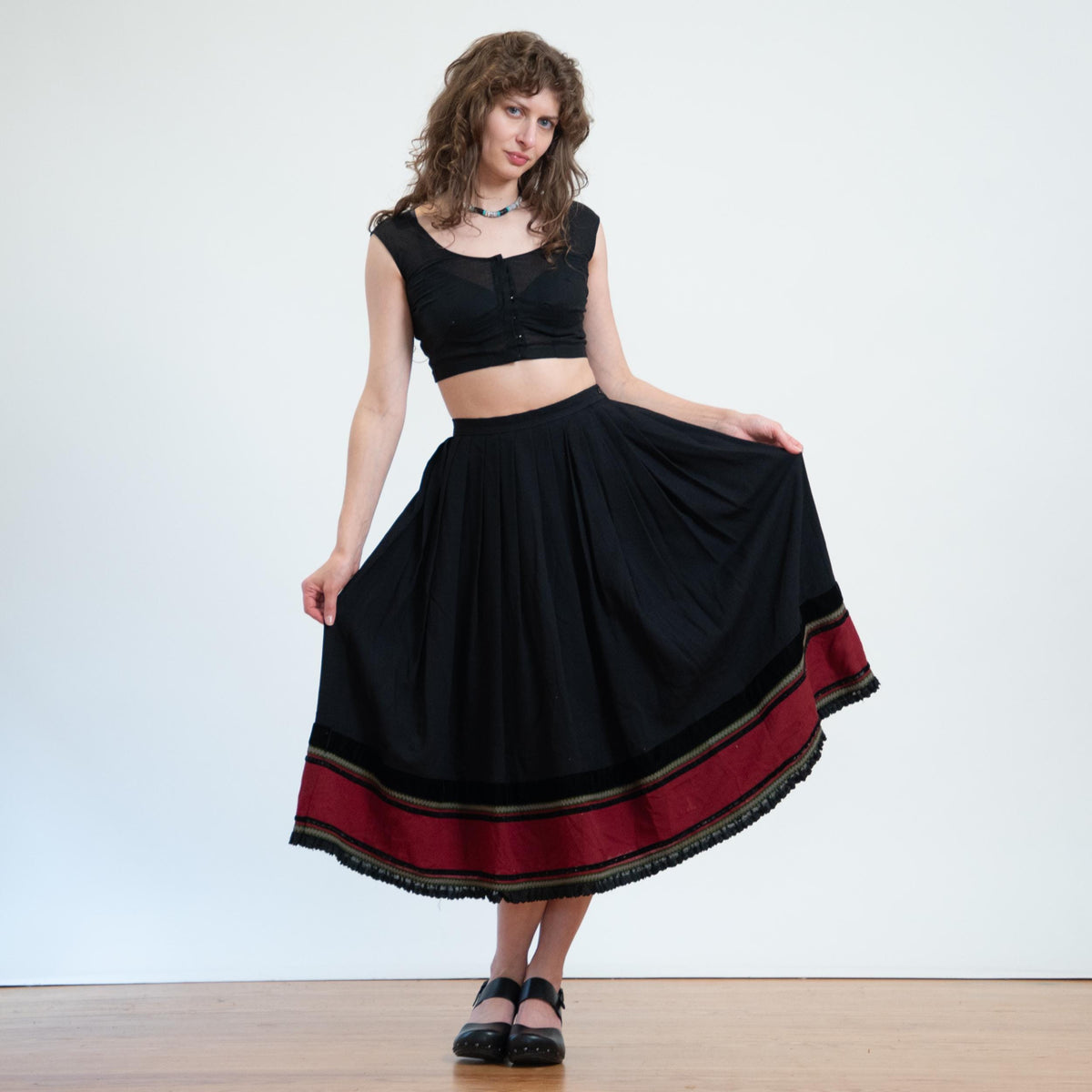 Vintage 80s Black & Red Folk Midi Skirt - Small, 26" Waist | Helene Strasser Bavarian Trachten Skirt