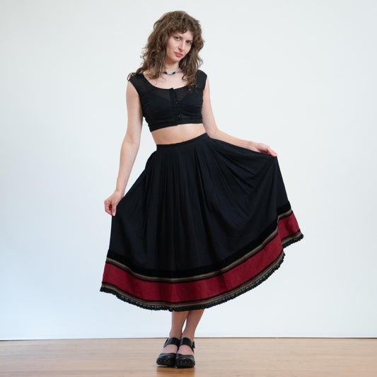 Vintage 80s Black & Red Folk Midi Skirt - Small, 26" Waist | Helene Strasser Bavarian Trachten Skirt