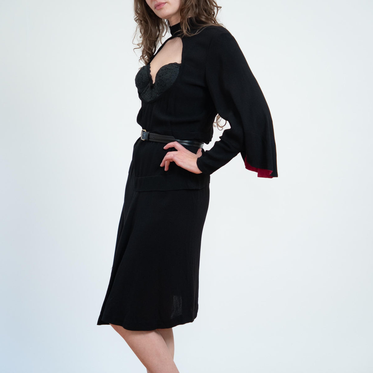 Vintage 40s Black & Red Batwing Sleeve Vamp Dress - Medium | 1940s Gothic Keyhole Cutout Midi Dres