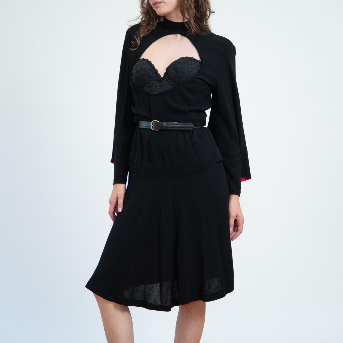 Vintage 40s Black & Red Batwing Sleeve Vamp Dress - Medium | 1940s Gothic Keyhole Cutout Midi Dres
