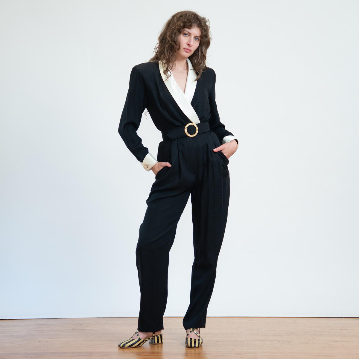 Vintage 80s Black & White Tuxedo Jumpsuit - Small | Belted Formal Pantsuit Outfit