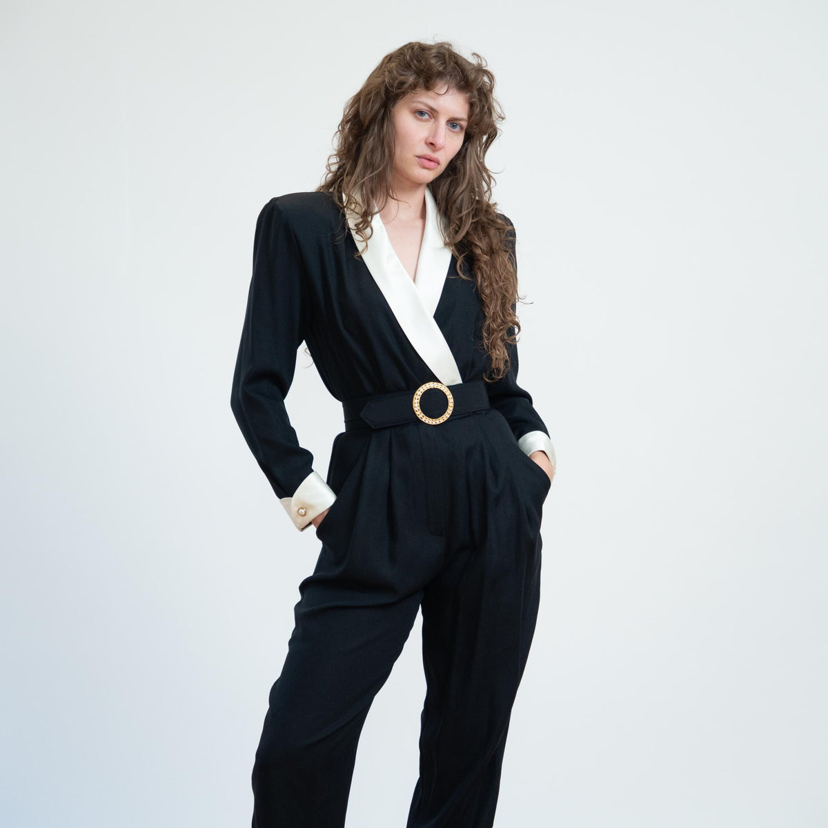 Vintage 80s Black & White Tuxedo Jumpsuit - Small | Belted Formal Pantsuit Outfit