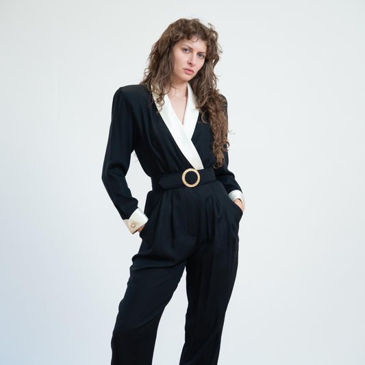 Vintage 80s Black & White Tuxedo Jumpsuit - Small | Belted Formal Pantsuit Outfit