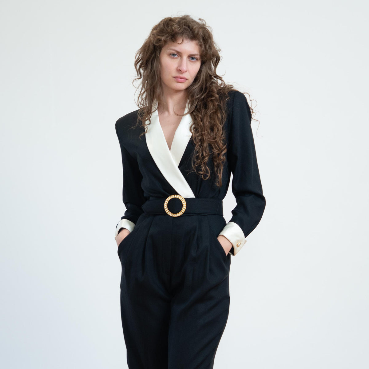 Vintage 80s Black & White Tuxedo Jumpsuit - Small | Belted Formal Pantsuit Outfit
