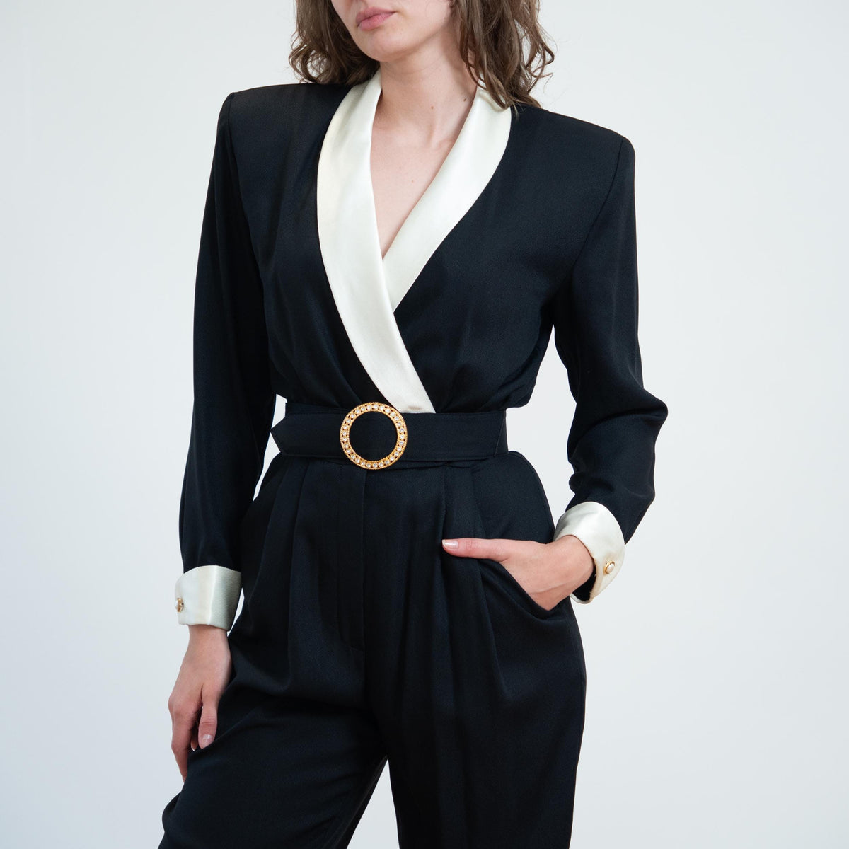 Vintage 80s Black & White Tuxedo Jumpsuit - Small | Belted Formal Pantsuit Outfit