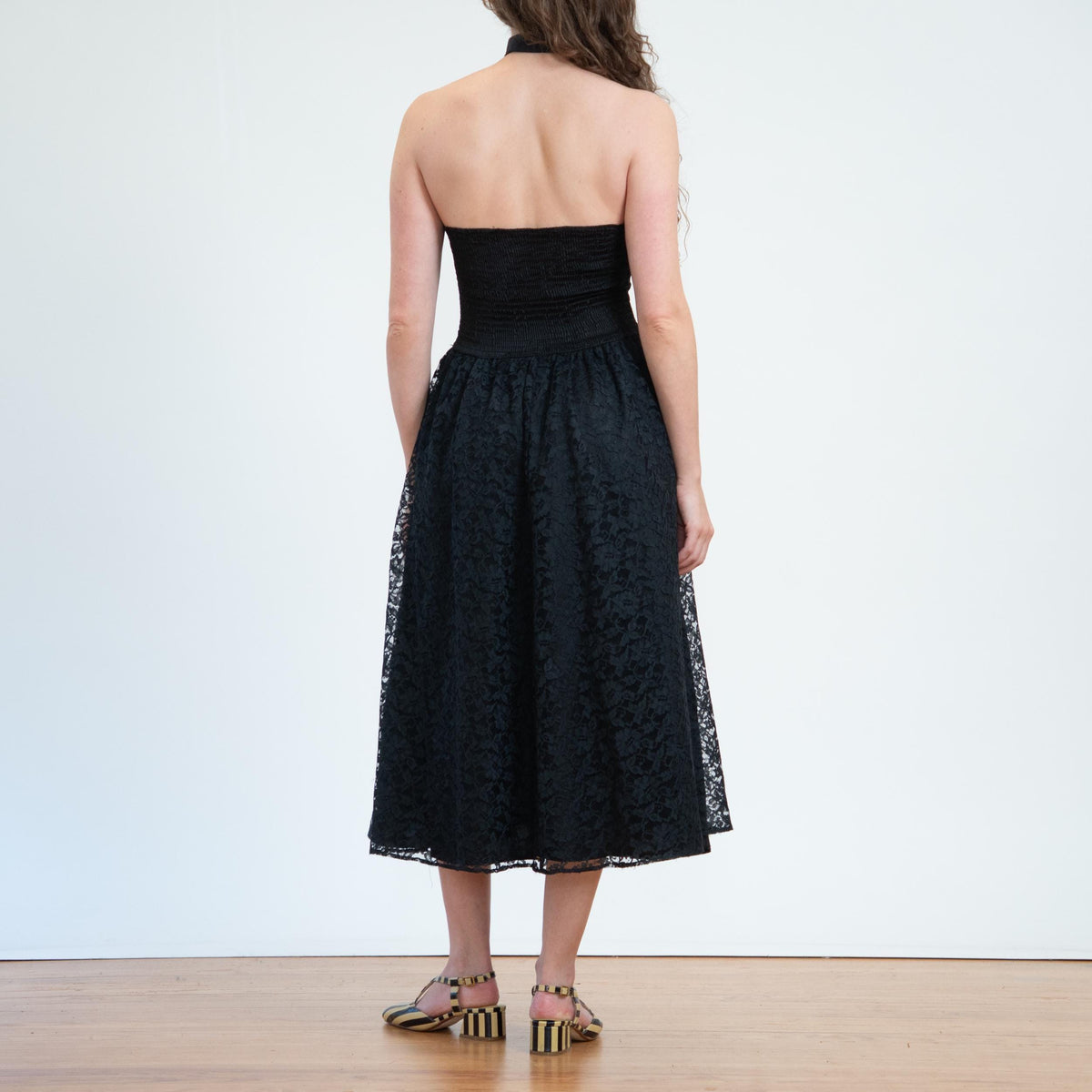 Vintage 80s Black Lace Strapless Party Dress - Medium | Gothic Fit & Flare Midi Dress