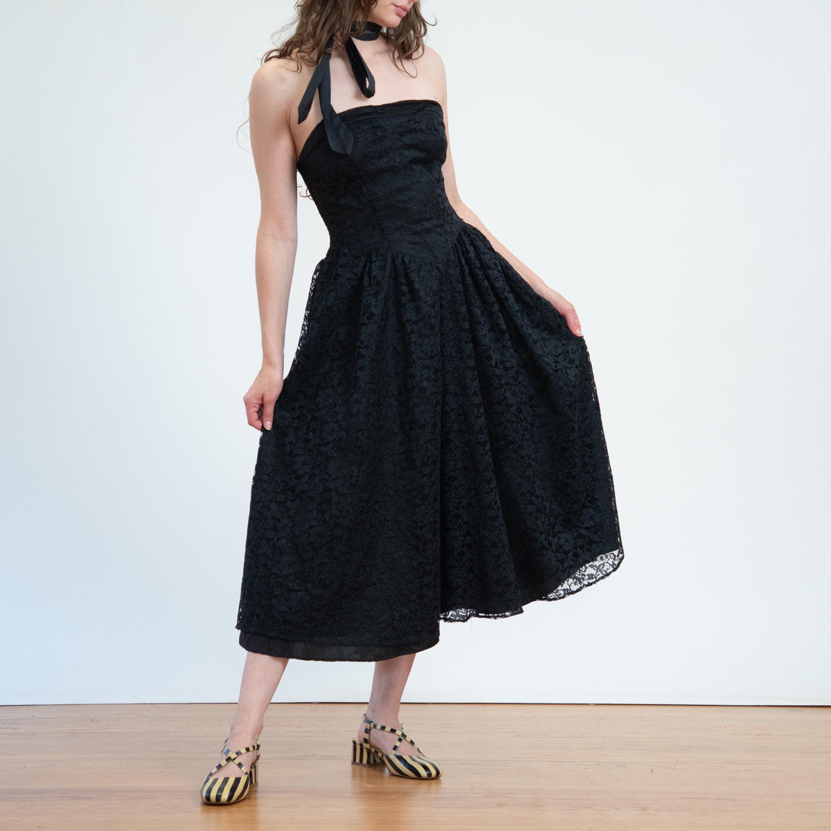 Vintage 80s Black Lace Strapless Party Dress - Medium | Gothic Fit & Flare Midi Dress