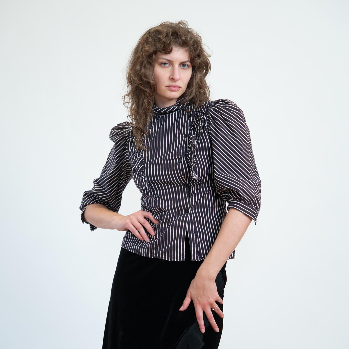 Vintage 70s Does Victorian Gothic Pinstriped Puff Sleeve Blouse - Small | Black & White Striped Ruffle Trim Top
