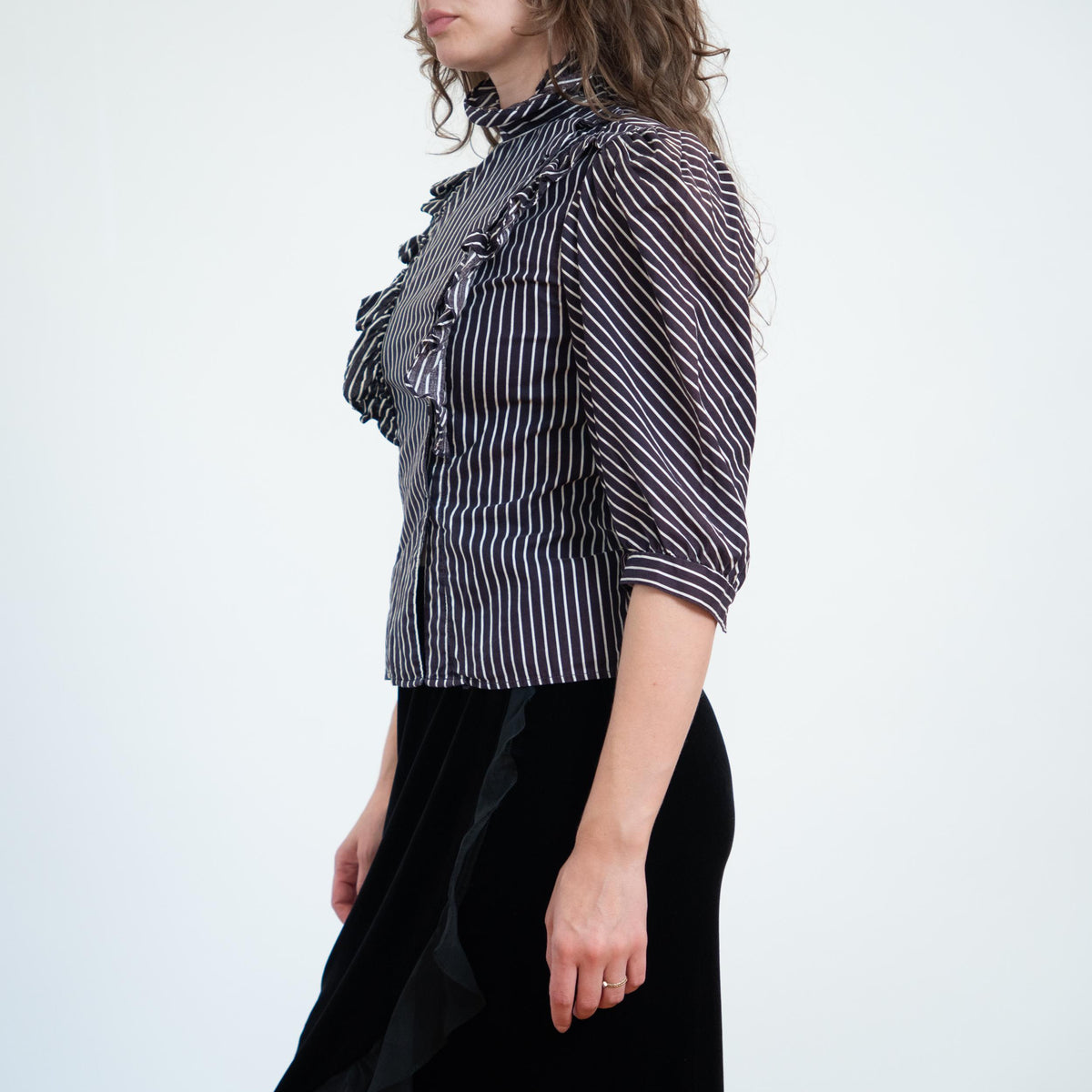 Vintage 70s Does Victorian Gothic Pinstriped Puff Sleeve Blouse - Small | Black & White Striped Ruffle Trim Top