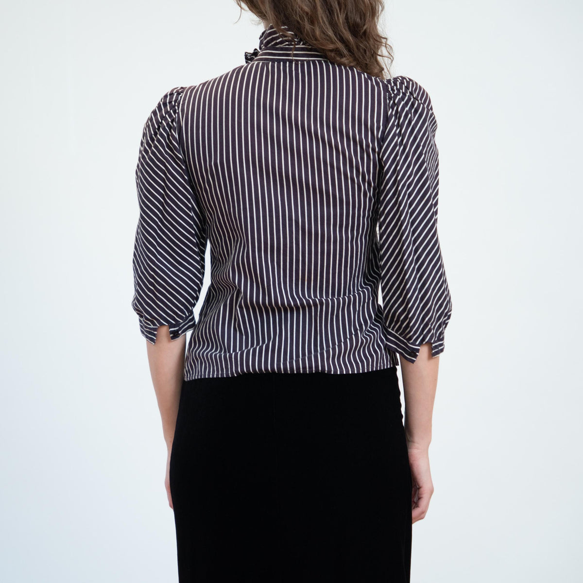 Vintage 70s Does Victorian Gothic Pinstriped Puff Sleeve Blouse - Small | Black & White Striped Ruffle Trim Top