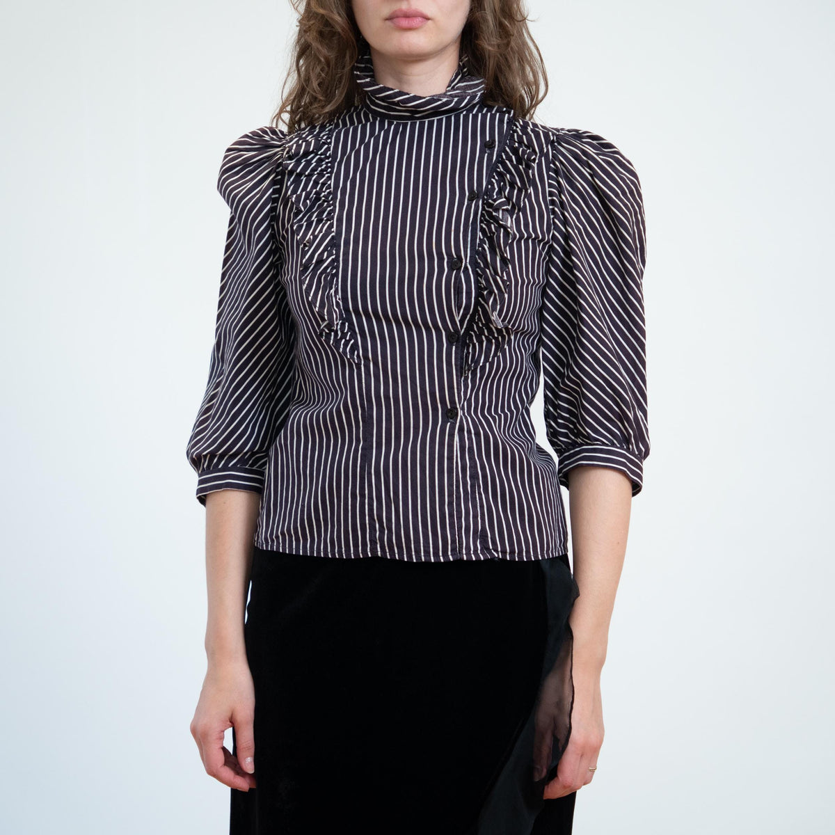 Vintage 70s Does Victorian Gothic Pinstriped Puff Sleeve Blouse - Small | Black & White Striped Ruffle Trim Top