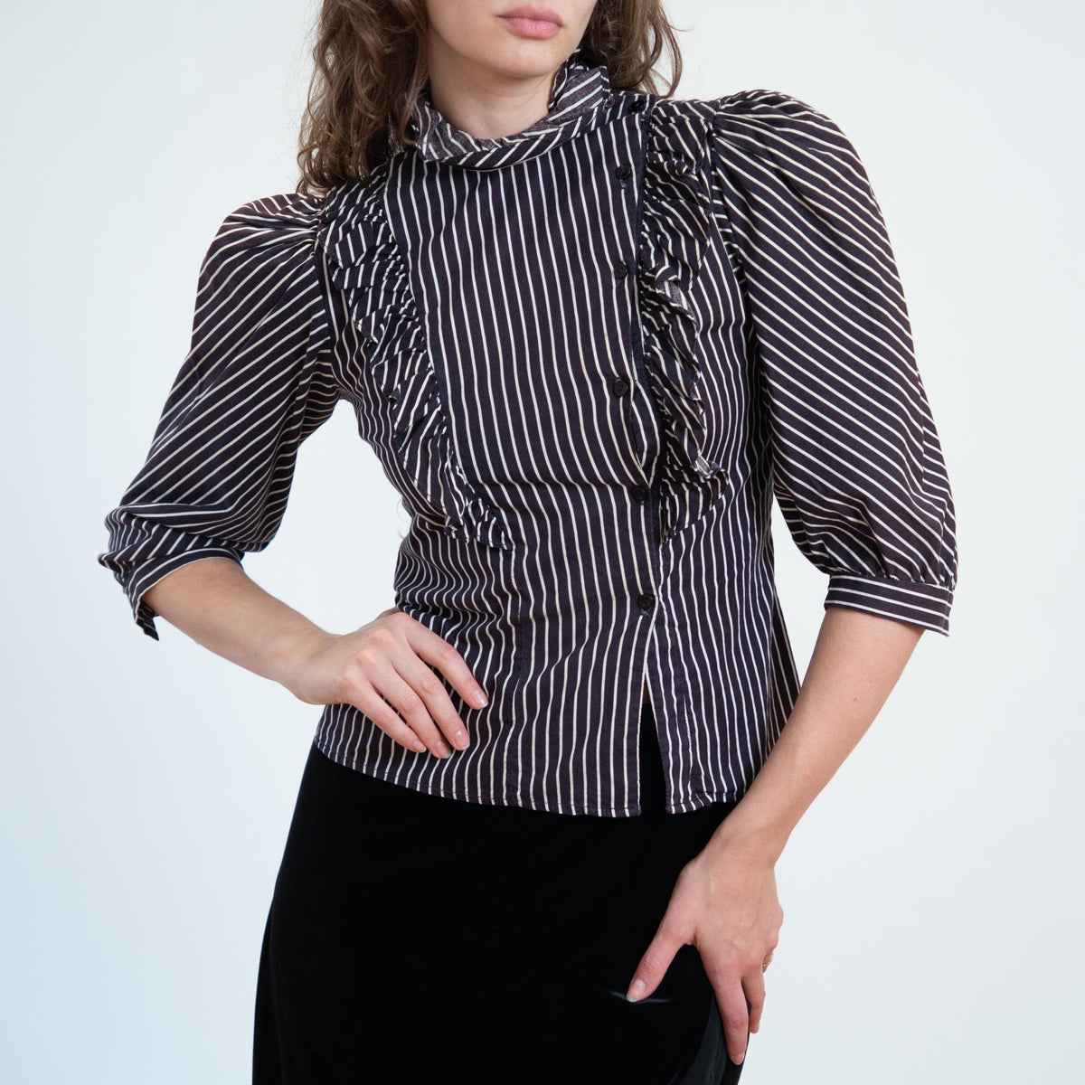 Vintage 70s Does Victorian Gothic Pinstriped Puff Sleeve Blouse - Small | Black & White Striped Ruffle Trim Top