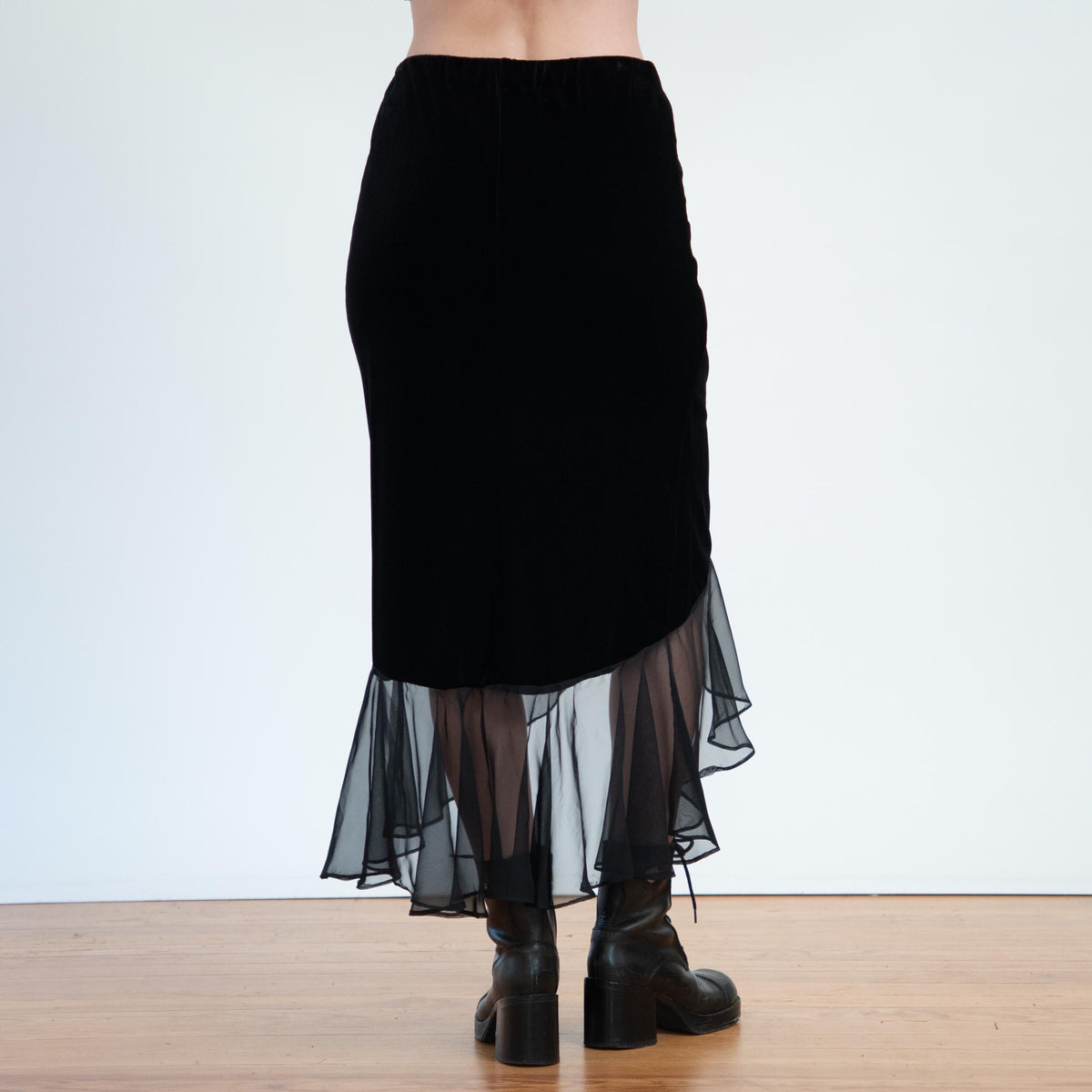 Vintage 90s Black Velvet & Chiffon Fairy Skirt - Medium | Boho Gothic High-Low Midaxi Skirt