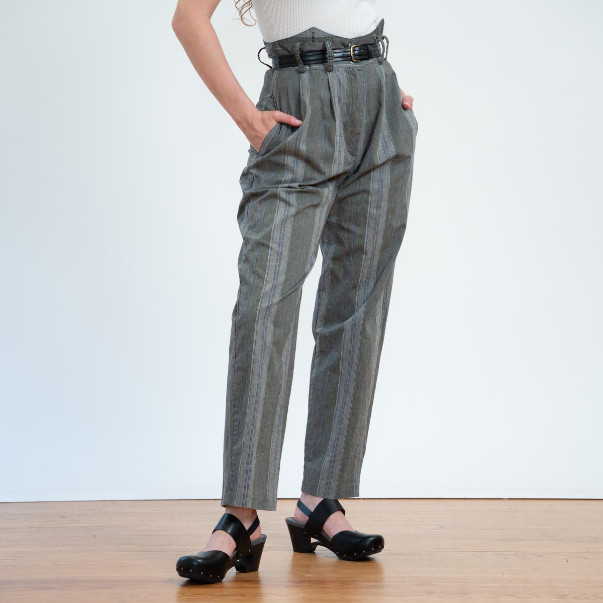 Vintage 80s Grey Pinstriped Super High Waist Trousers - Medium, 29" Waist | Punk Cotton Suspender Pants