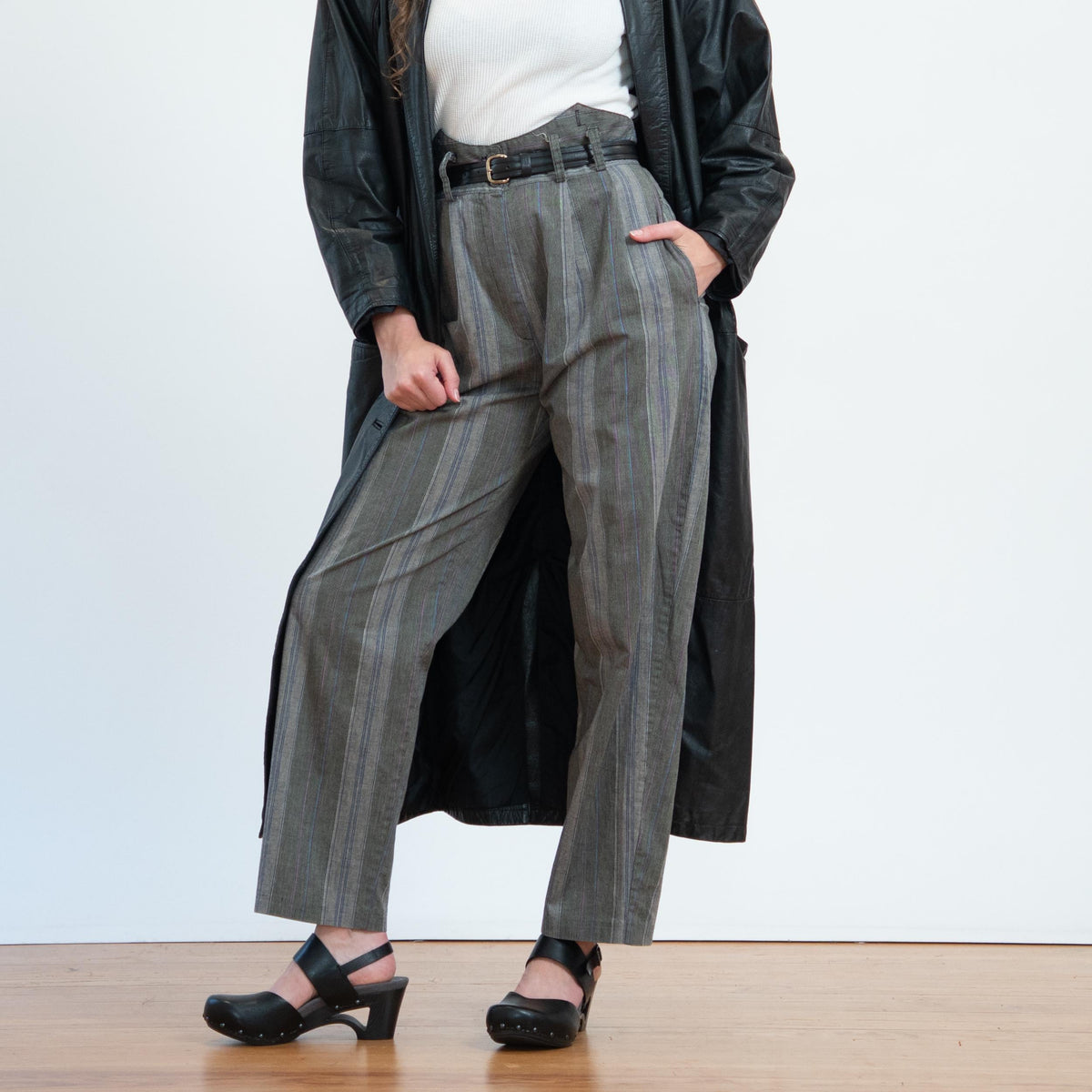 Vintage 80s Grey Pinstriped Super High Waist Trousers - Medium, 29" Waist | Punk Cotton Suspender Pants
