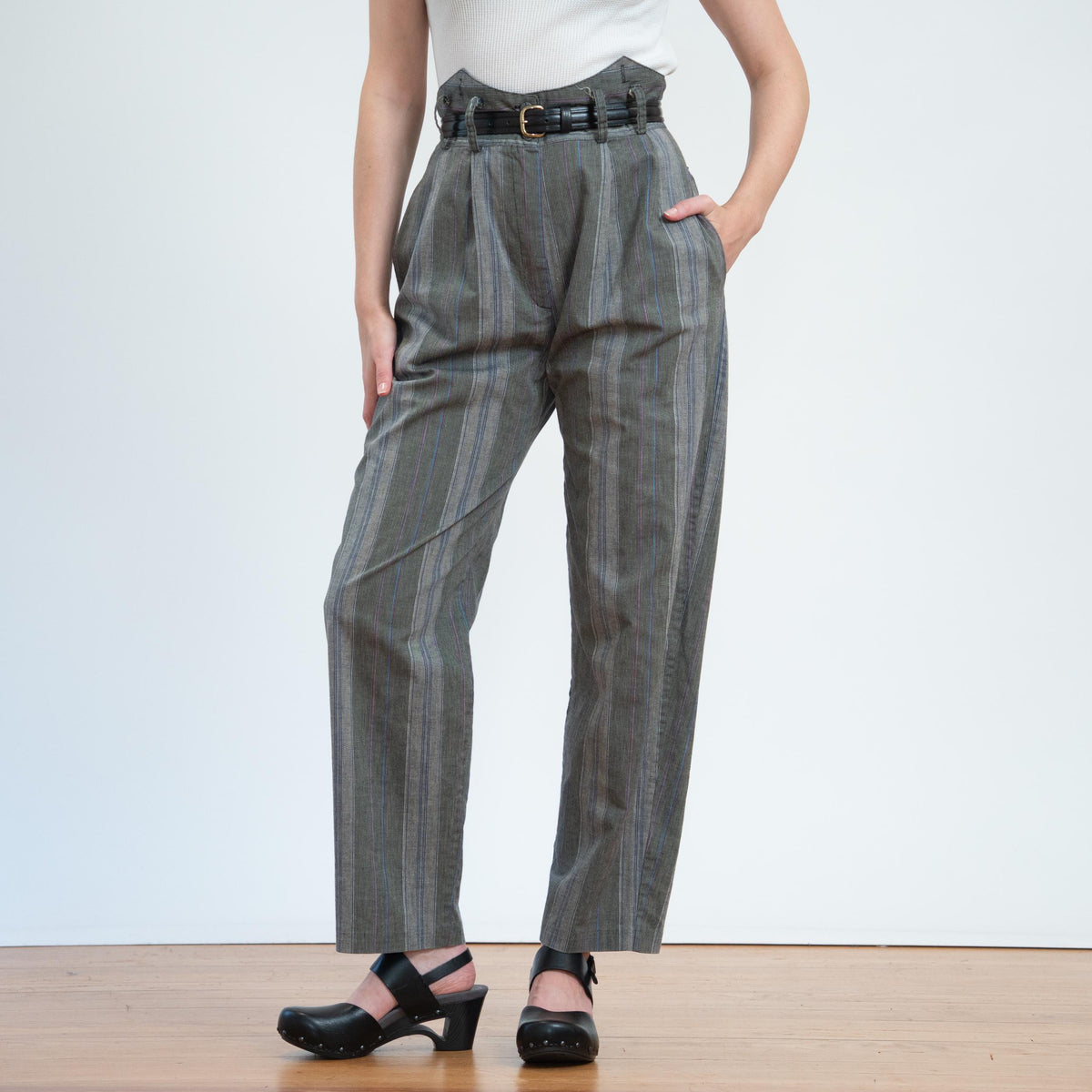 Vintage 80s Grey Pinstriped Super High Waist Trousers - Medium, 29" Waist | Punk Cotton Suspender Pants