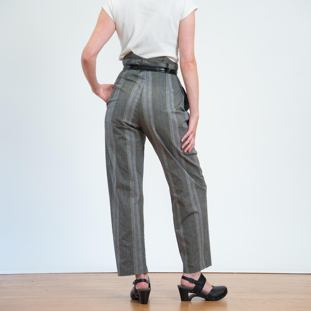 Vintage 80s Grey Pinstriped Super High Waist Trousers - Medium, 29" Waist | Punk Cotton Suspender Pants
