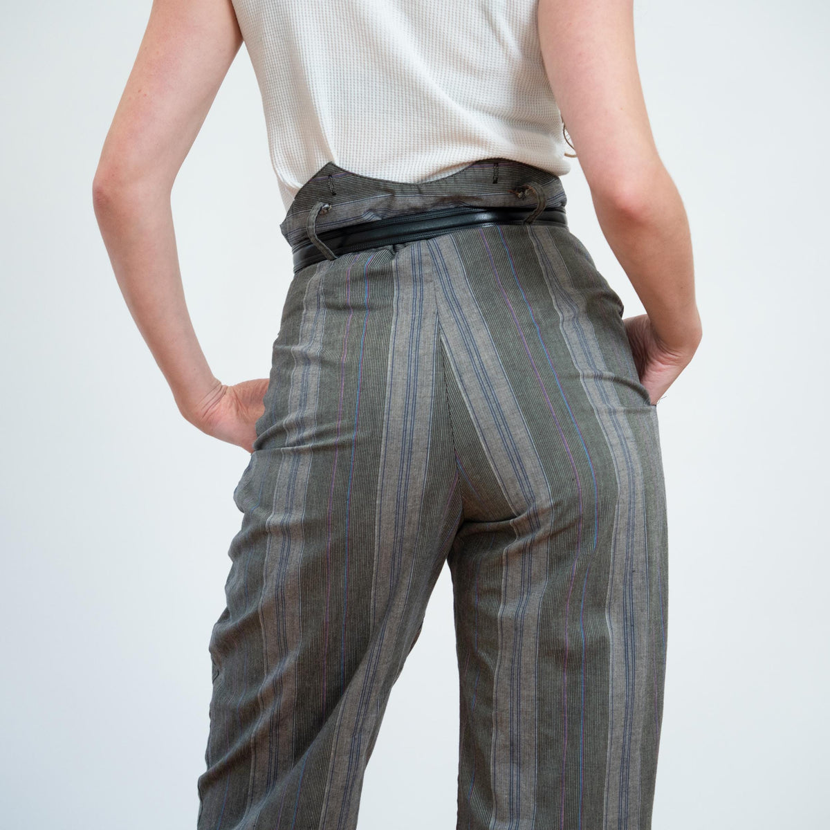 Vintage 80s Grey Pinstriped Super High Waist Trousers - Medium, 29" Waist | Punk Cotton Suspender Pants