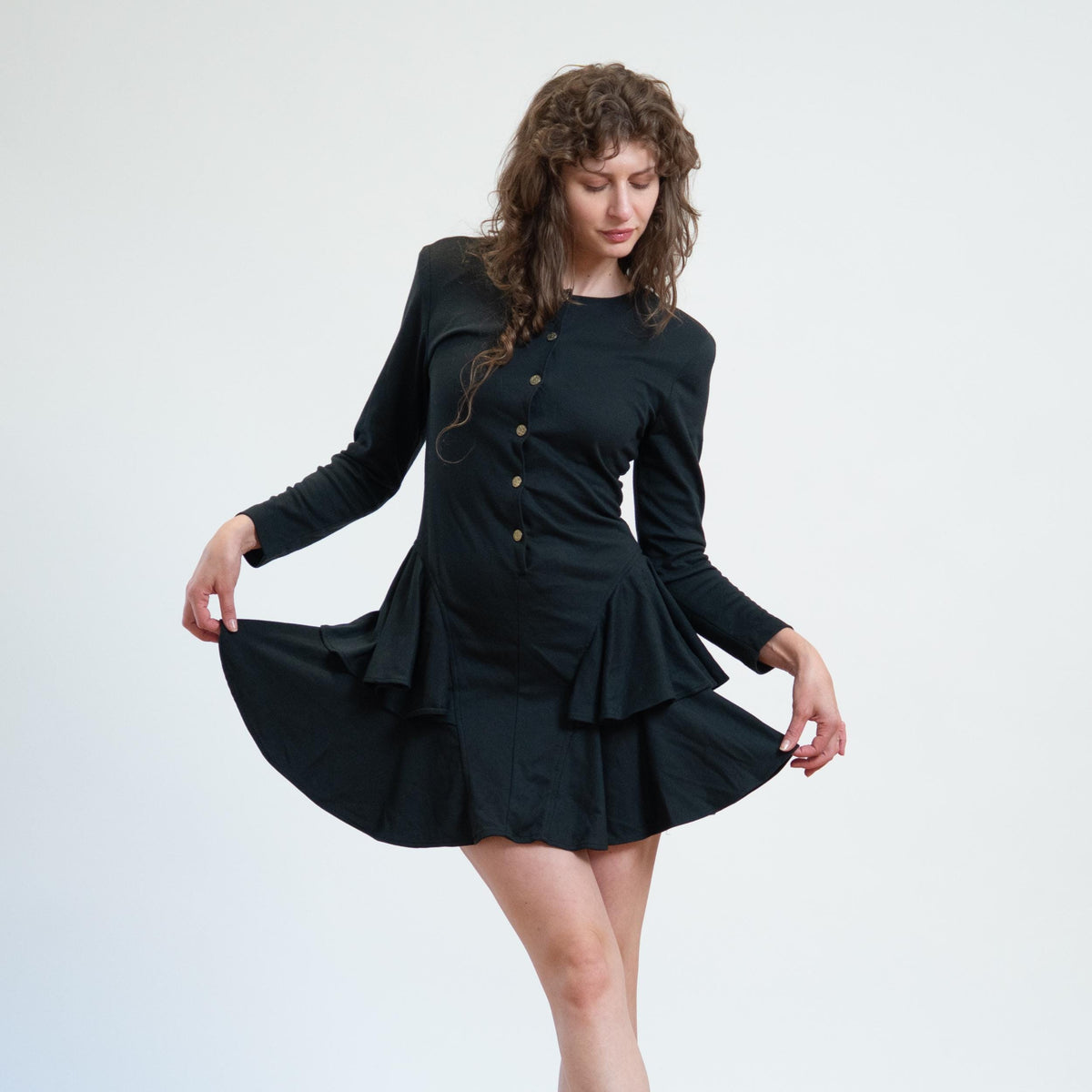 Vintage 80s Black Ruffled Drop Waist Mini Dress - Small | Long Sleeve Tiered Dress