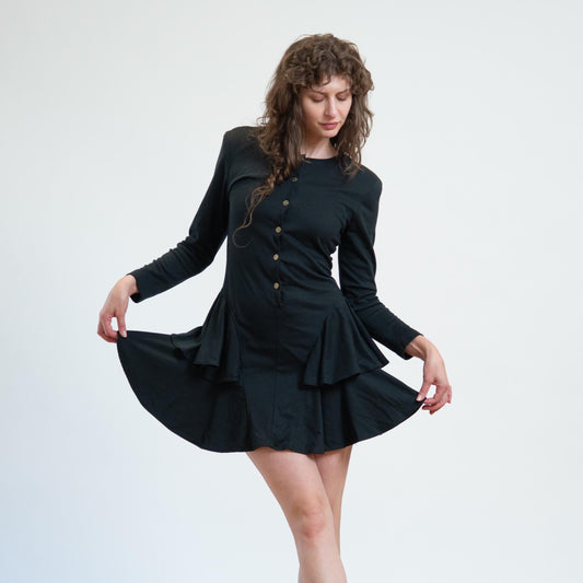 Vintage 80s Black Ruffled Drop Waist Mini Dress - Small | Long Sleeve Tiered Dress