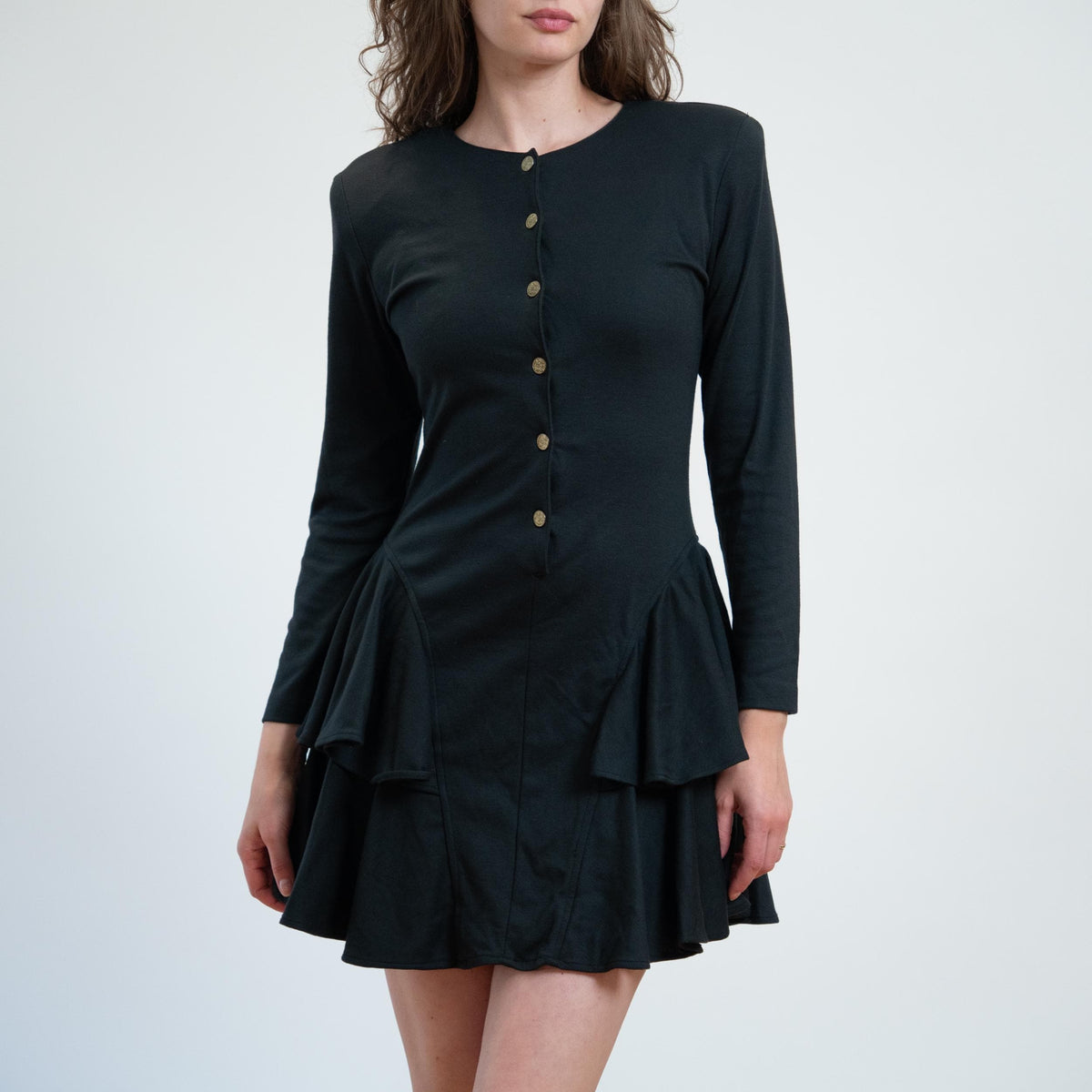 Vintage 80s Black Ruffled Drop Waist Mini Dress - Small | Long Sleeve Tiered Dress