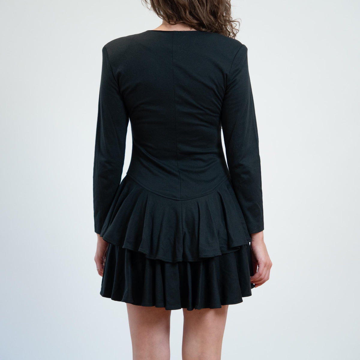 Vintage 80s Black Ruffled Drop Waist Mini Dress - Small | Long Sleeve Tiered Dress