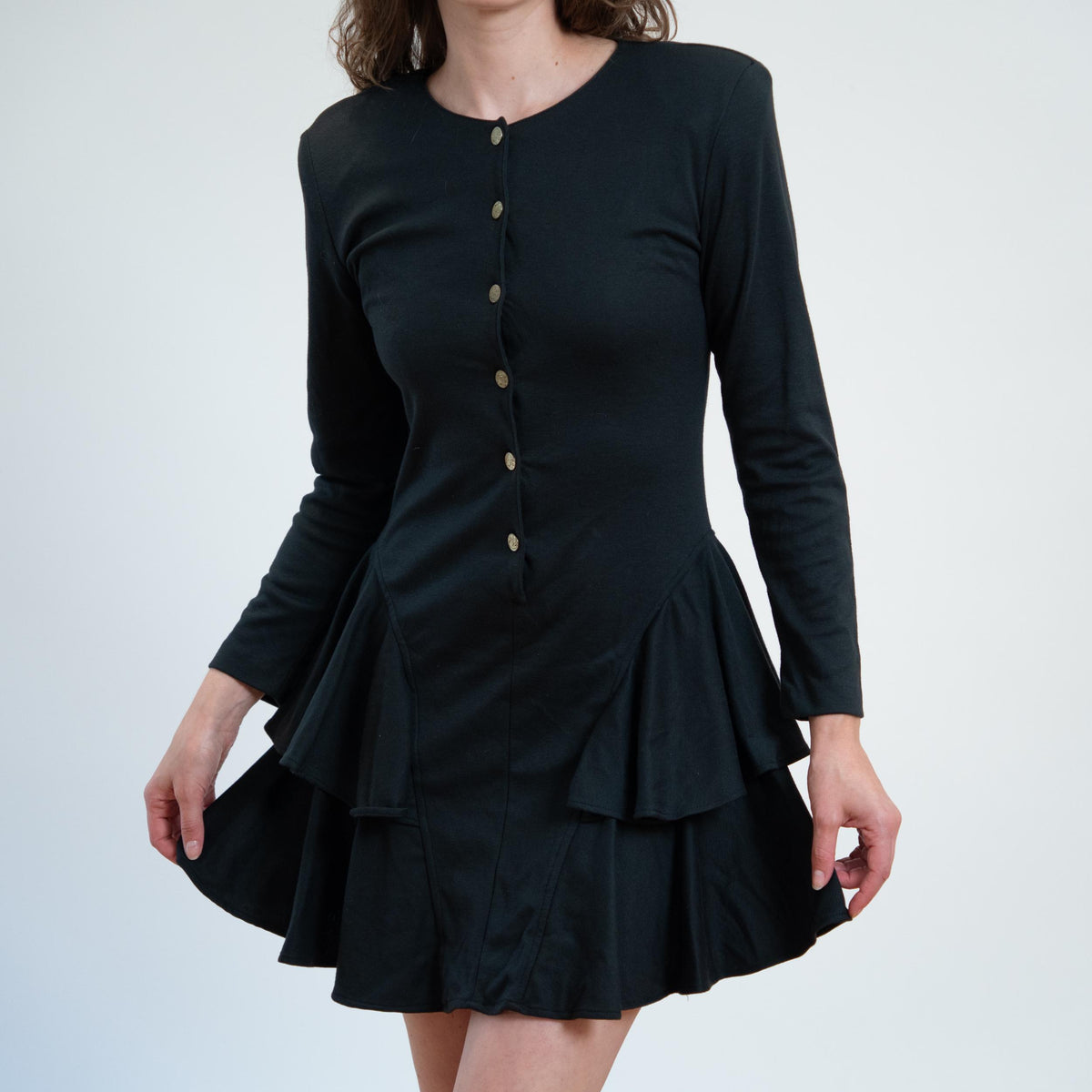 Vintage 80s Black Ruffled Drop Waist Mini Dress - Small | Long Sleeve Tiered Dress