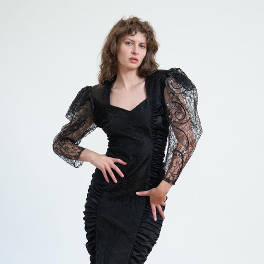 Vintage 80s Black Lace Puff Sleeve Party Dress - Medium | Ruched Bodycon Keyhole Back Cocktail Dress