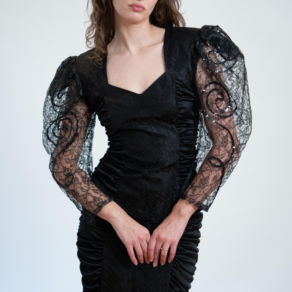 Vintage 80s Black Lace Puff Sleeve Party Dress - Medium | Ruched Bodycon Keyhole Back Cocktail Dress