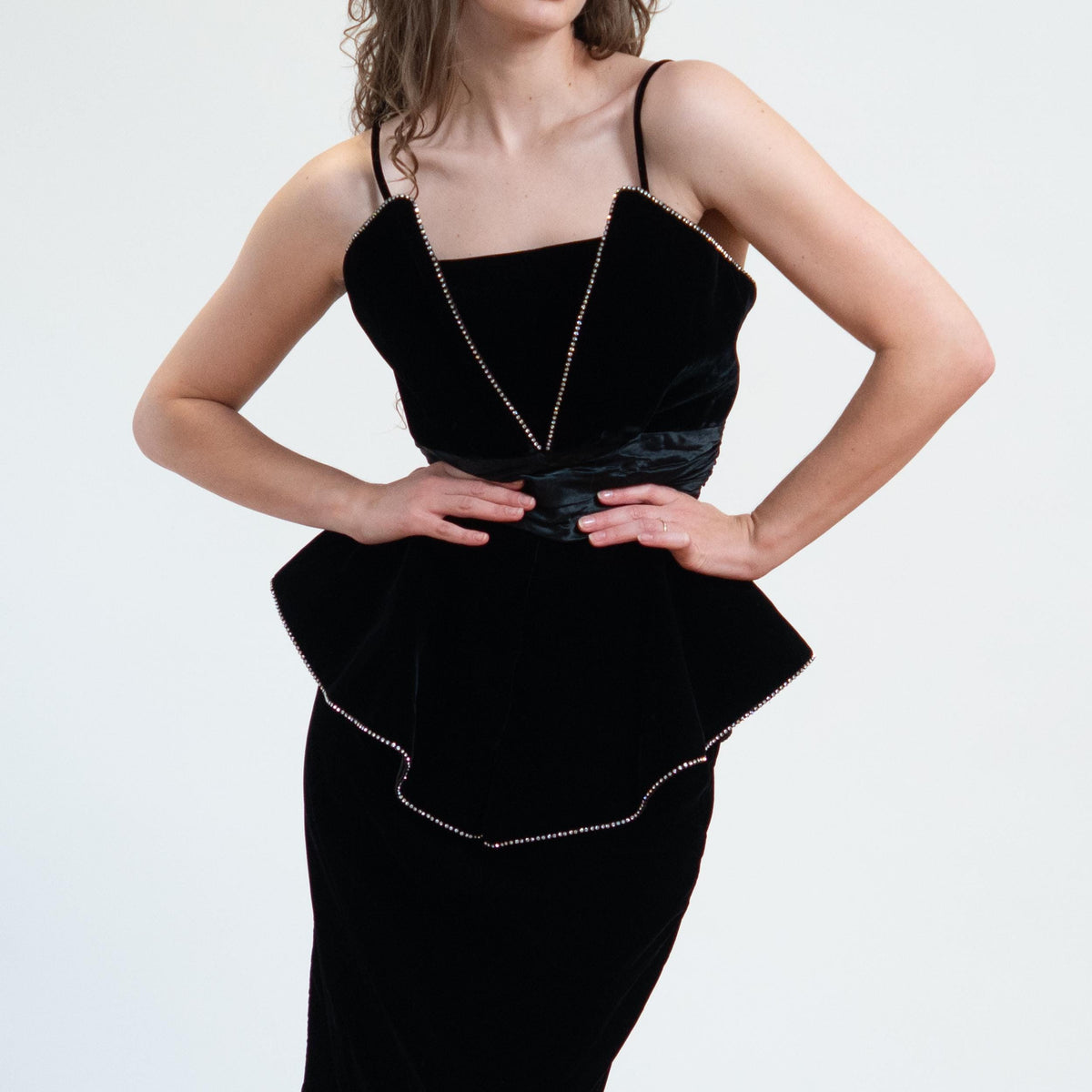 Vintage 80s Black Velvet Rhinestone Peplum Party Dress- Medium | Goth Prom Formal Cocktail Midi Dress