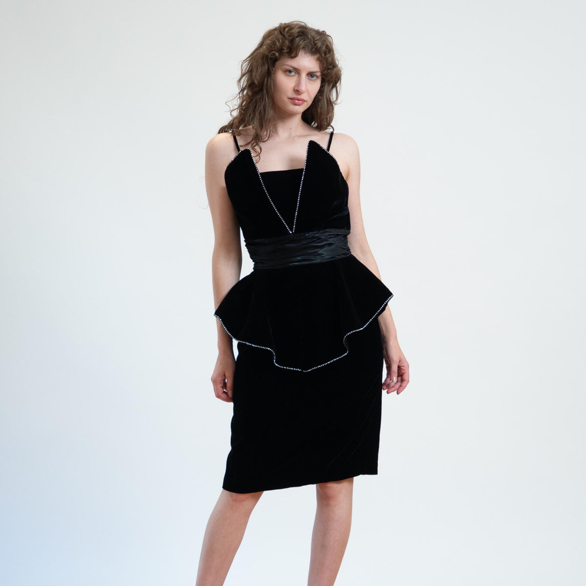 Vintage 80s Black Velvet Rhinestone Peplum Party Dress- Medium | Goth Prom Formal Cocktail Midi Dress
