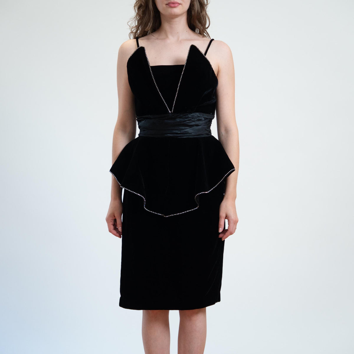 Vintage 80s Black Velvet Rhinestone Peplum Party Dress- Medium | Goth Prom Formal Cocktail Midi Dress