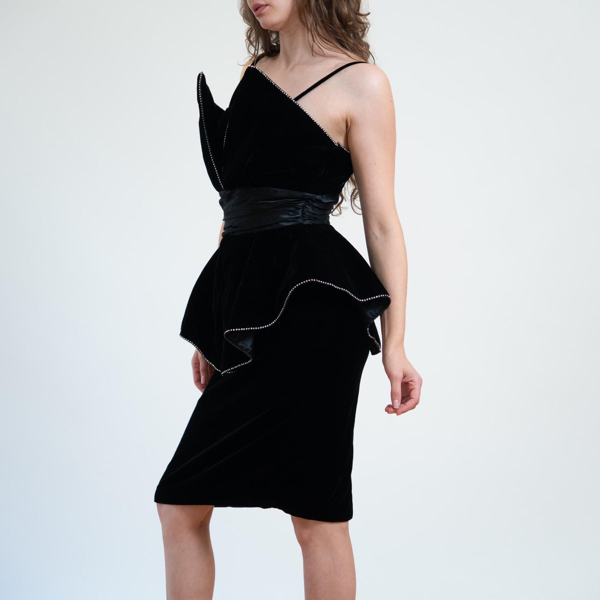 Vintage 80s Black Velvet Rhinestone Peplum Party Dress- Medium | Goth Prom Formal Cocktail Midi Dress
