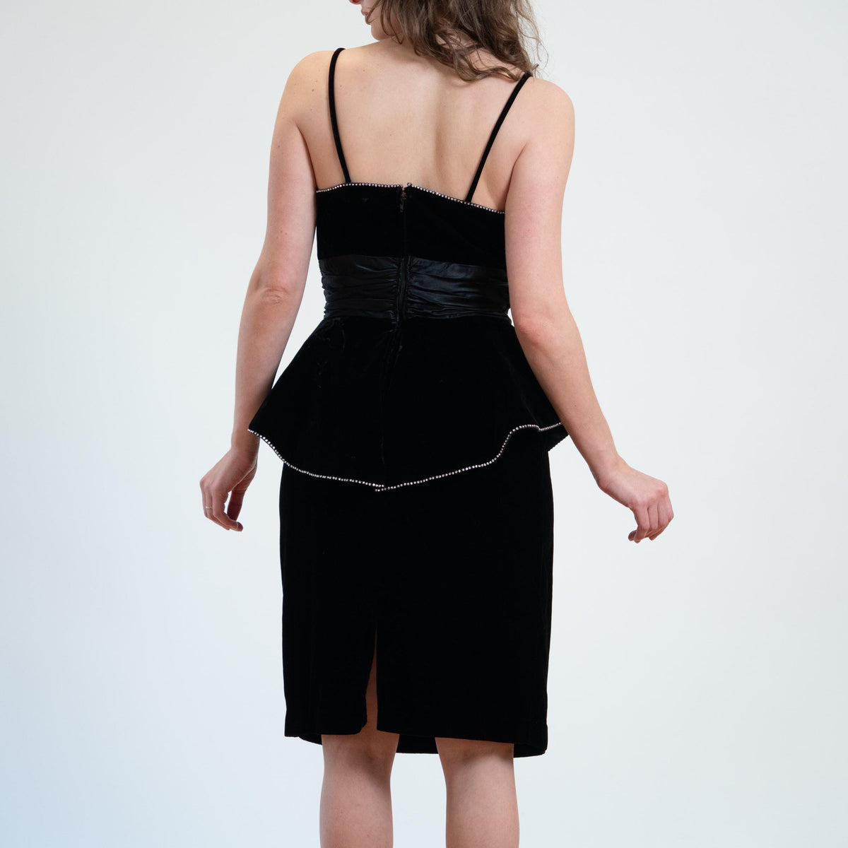 Vintage 80s Black Velvet Rhinestone Peplum Party Dress- Medium | Goth Prom Formal Cocktail Midi Dress