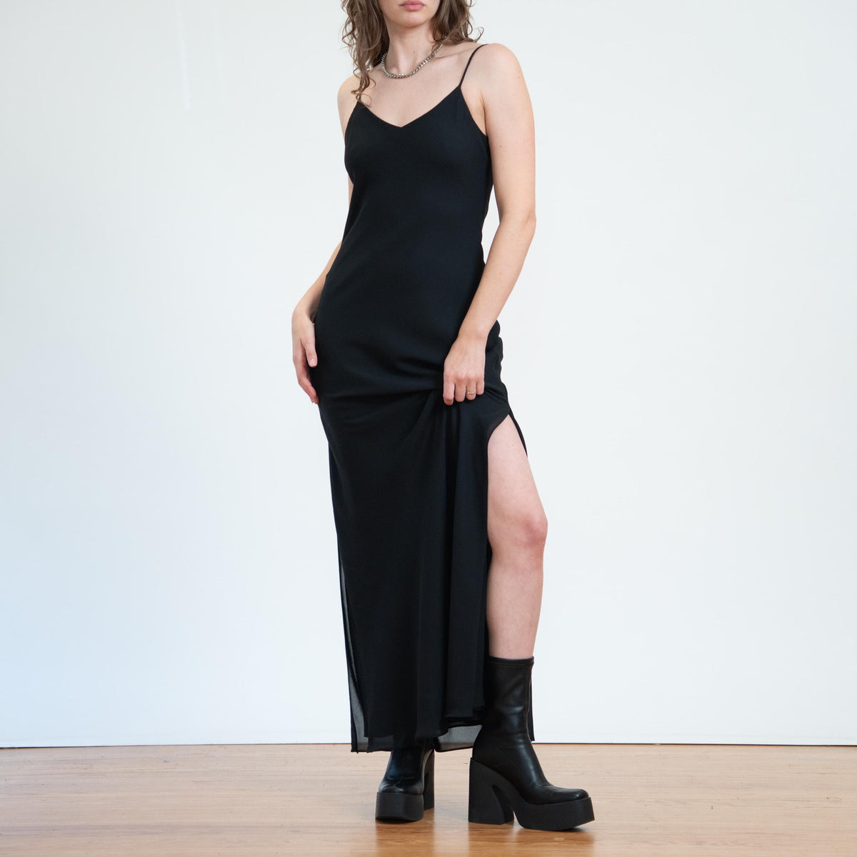 Vintage 90s Black Low Cage Back Gown - Medium | Niki Livas Sexy Backless Formal Maxi Dress