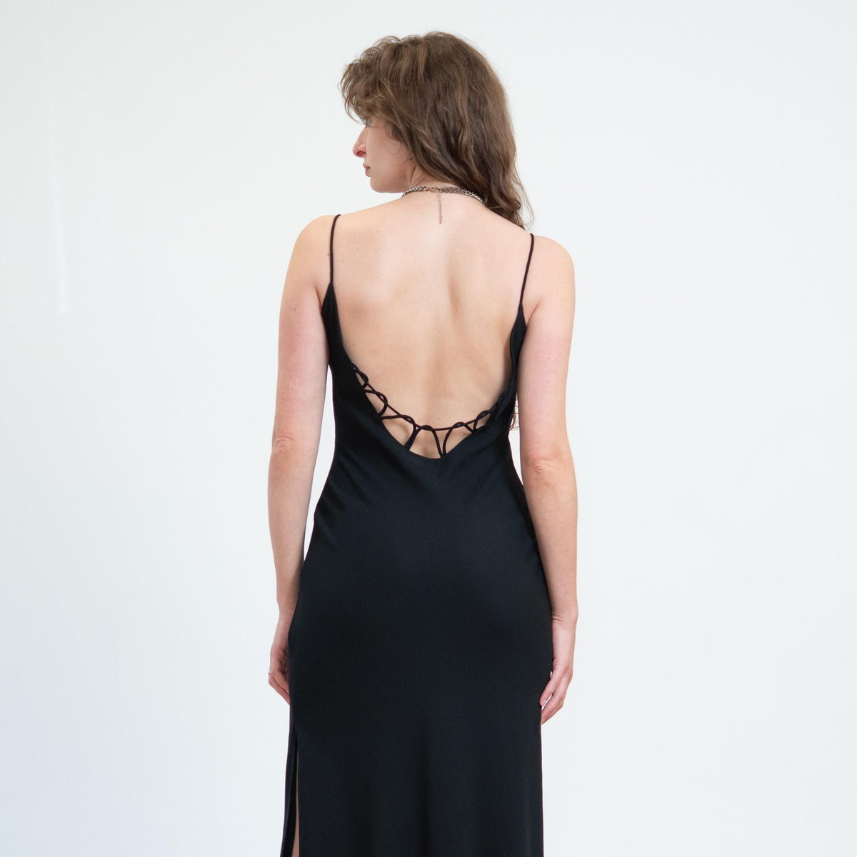 Vintage 90s Black Low Cage Back Gown - Medium | Niki Livas Sexy Backless Formal Maxi Dress