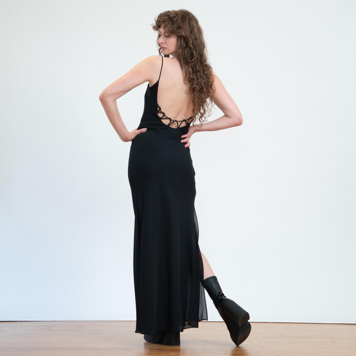 Vintage 90s Black Low Cage Back Gown - Medium | Niki Livas Sexy Backless Formal Maxi Dress