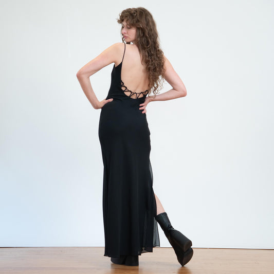 Vintage 90s Black Low Cage Back Gown - Medium | Niki Livas Sexy Backless Formal Maxi Dress