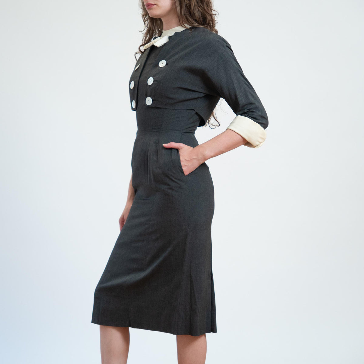 Vintage 50s 60s Grey Wiggle Dress & Jacket - Small | Matching Set Secretary Midi Pencil Dress