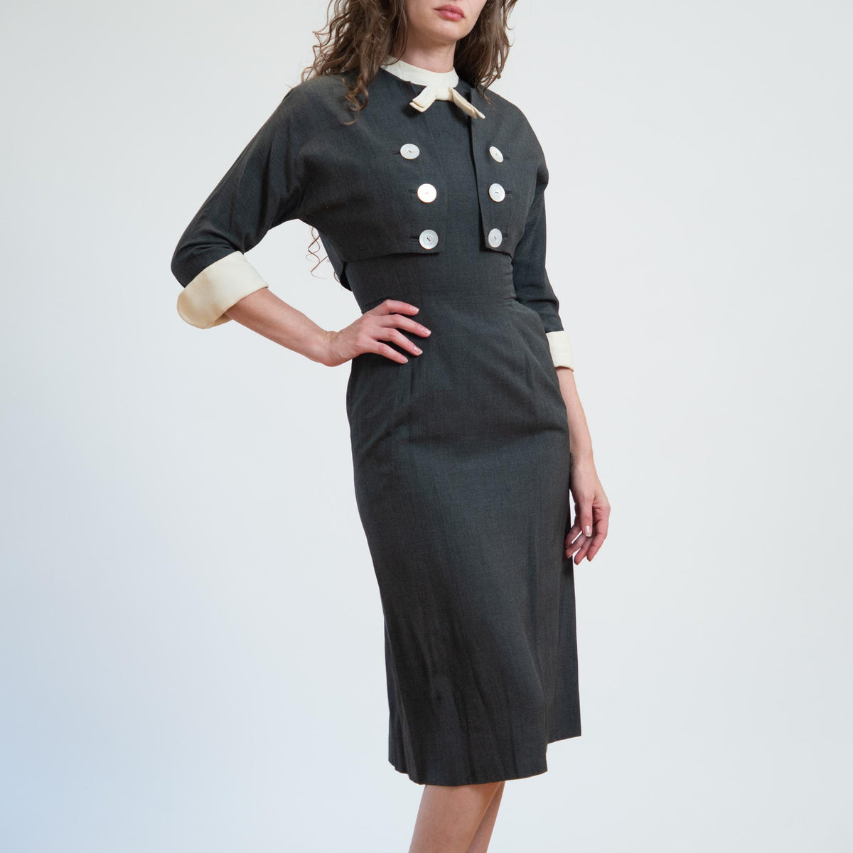 Vintage 50s 60s Grey Wiggle Dress & Jacket - Small | Matching Set Secretary Midi Pencil Dress