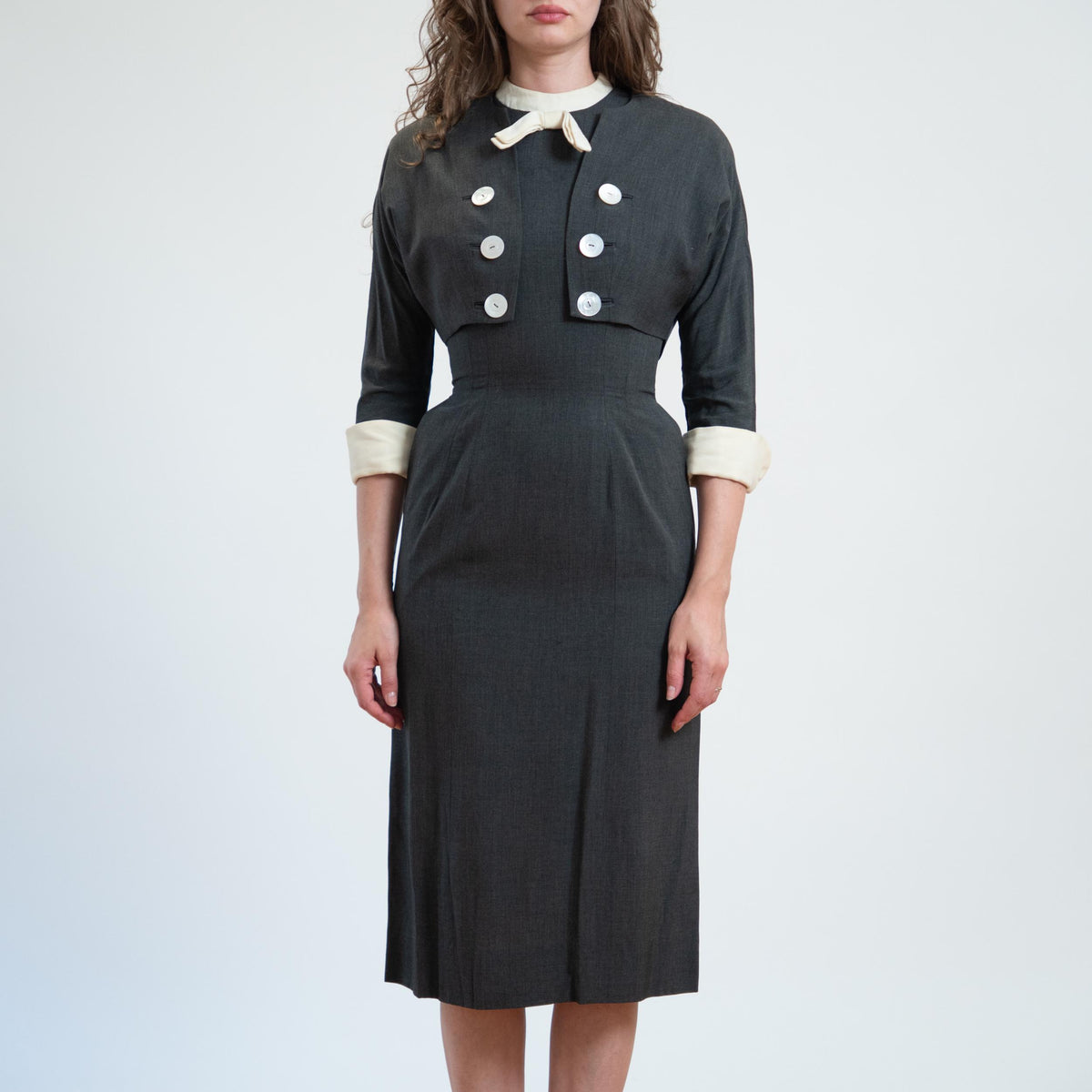 Vintage 50s 60s Grey Wiggle Dress & Jacket - Small | Matching Set Secretary Midi Pencil Dress