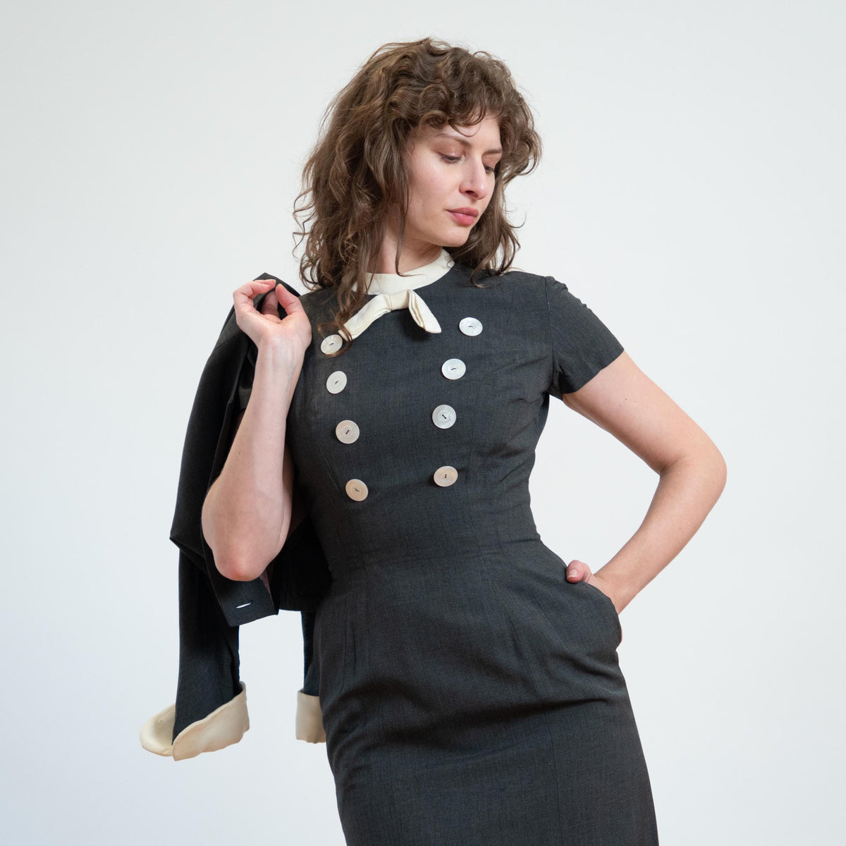 Vintage 50s 60s Grey Wiggle Dress & Jacket - Small | Matching Set Secretary Midi Pencil Dress