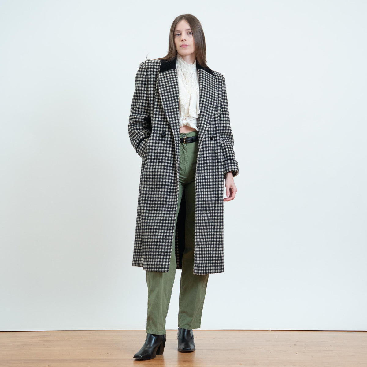 Vintage 80s Black & White Gingham Check Wool Overcoat - Petite Large | Double Breasted Button Up Long Winter Coat