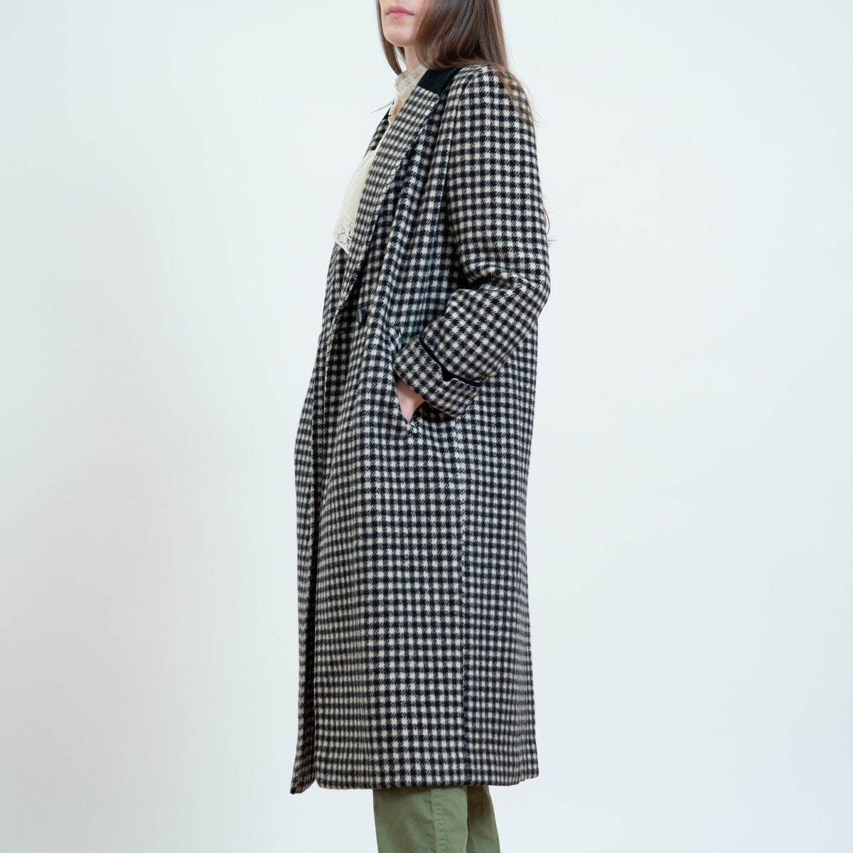 Vintage 80s Black & White Gingham Check Wool Overcoat - Petite Large | Double Breasted Button Up Long Winter Coat