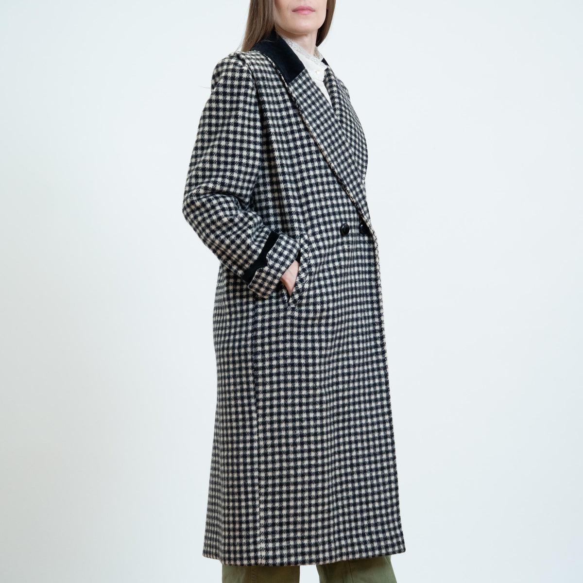 Vintage 80s Black & White Gingham Check Wool Overcoat - Petite Large | Double Breasted Button Up Long Winter Coat