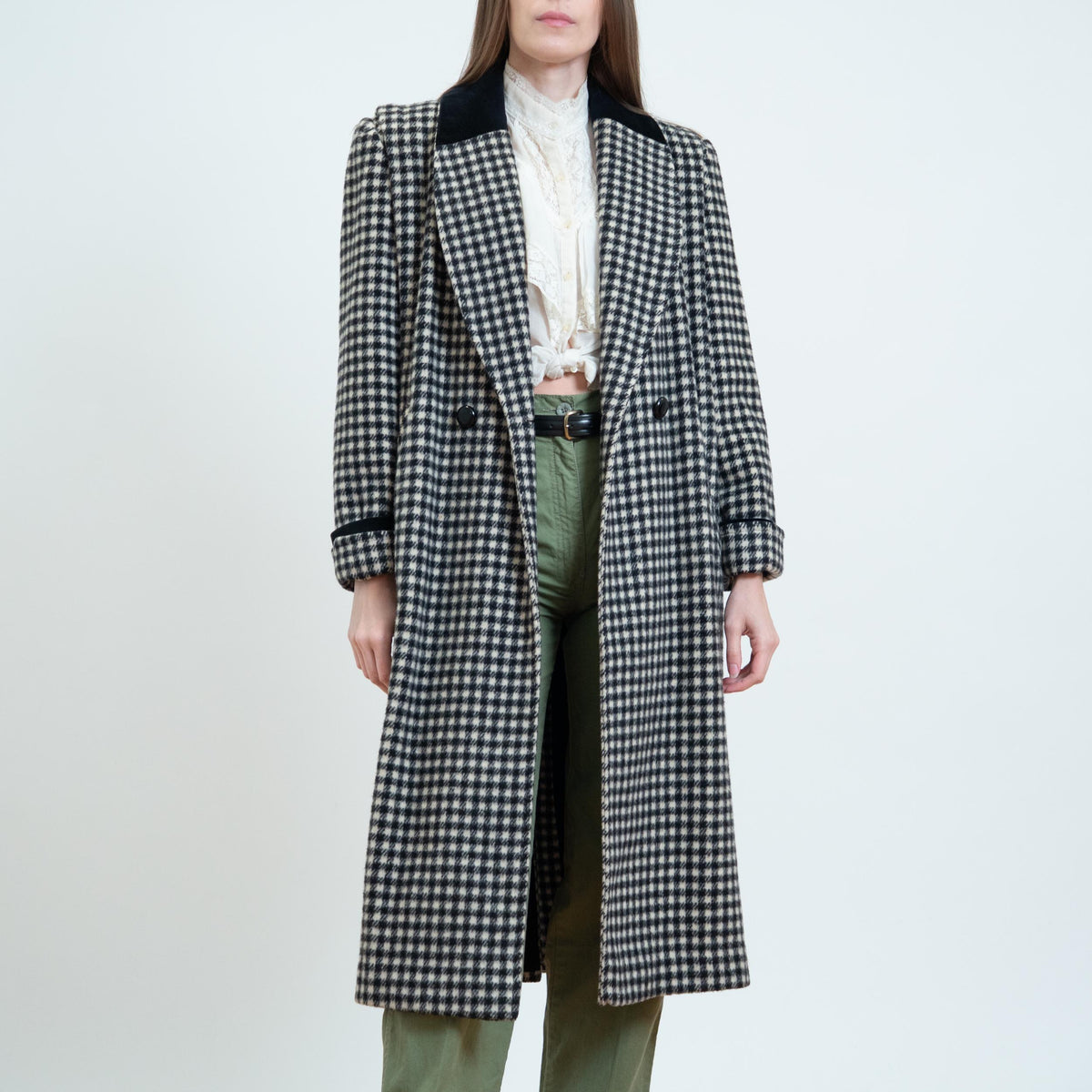 Vintage 80s Black & White Gingham Check Wool Overcoat - Petite Large | Double Breasted Button Up Long Winter Coat