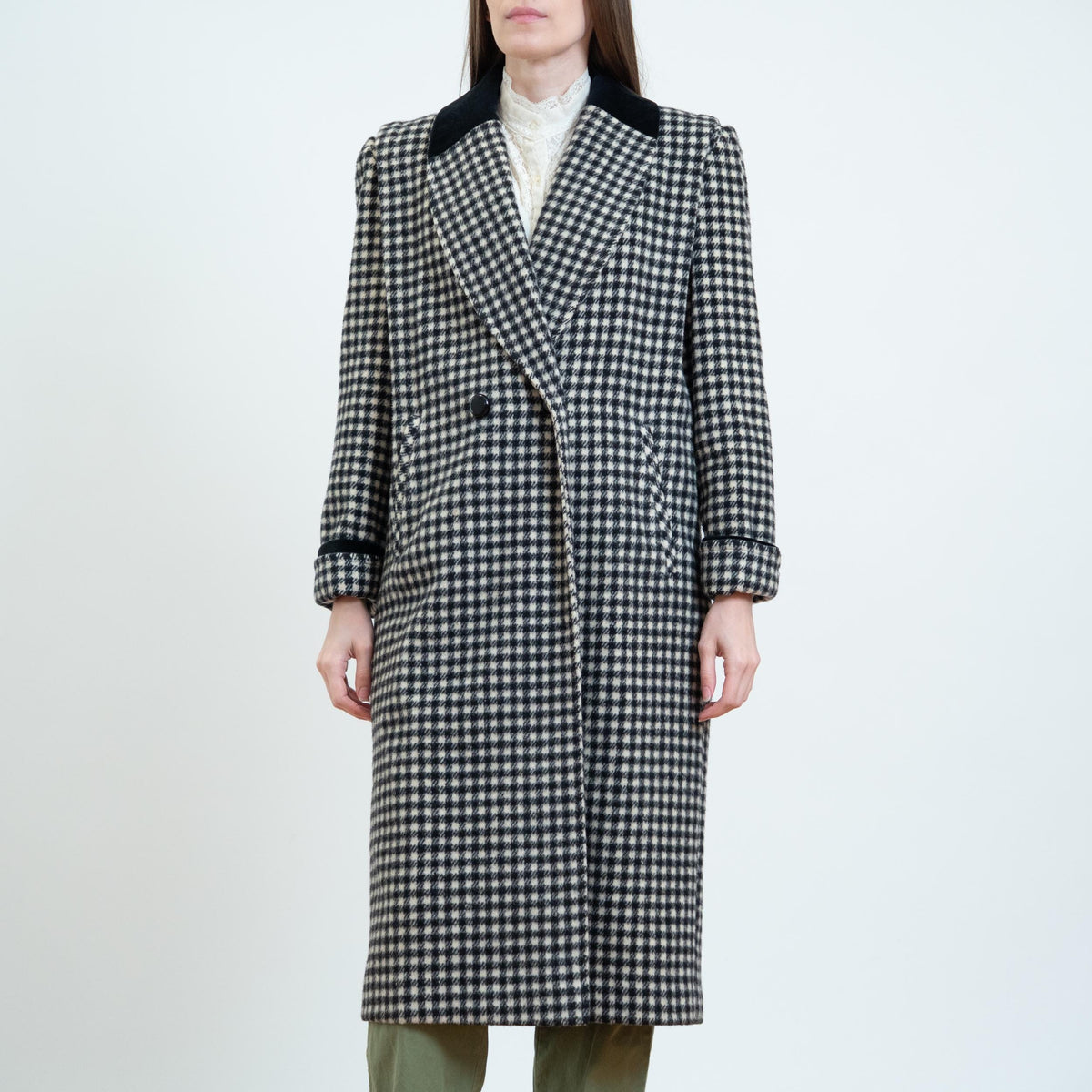 Vintage 80s Black & White Gingham Check Wool Overcoat - Petite Large | Double Breasted Button Up Long Winter Coat