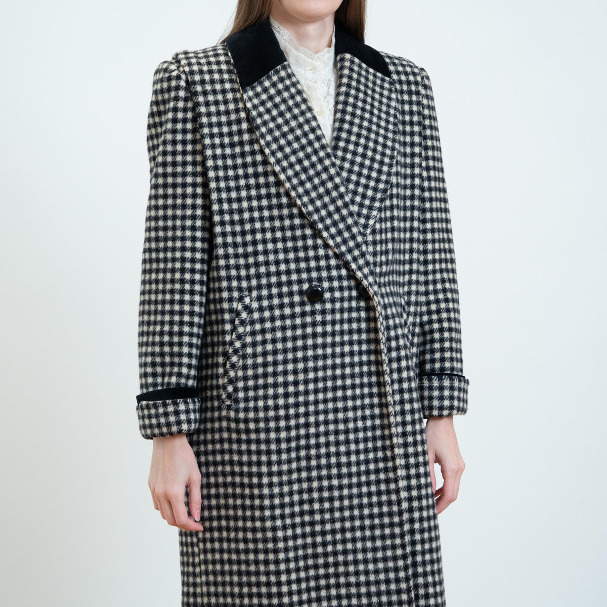 Vintage 80s Black & White Gingham Check Wool Overcoat - Petite Large | Double Breasted Button Up Long Winter Coat