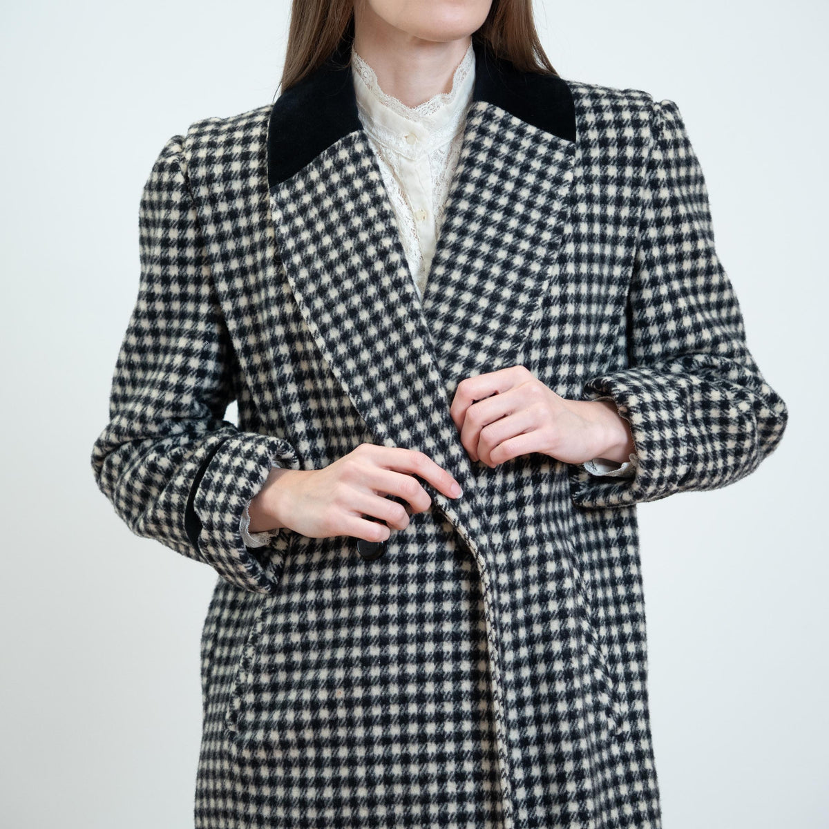 Vintage 80s Black & White Gingham Check Wool Overcoat - Petite Large | Double Breasted Button Up Long Winter Coat