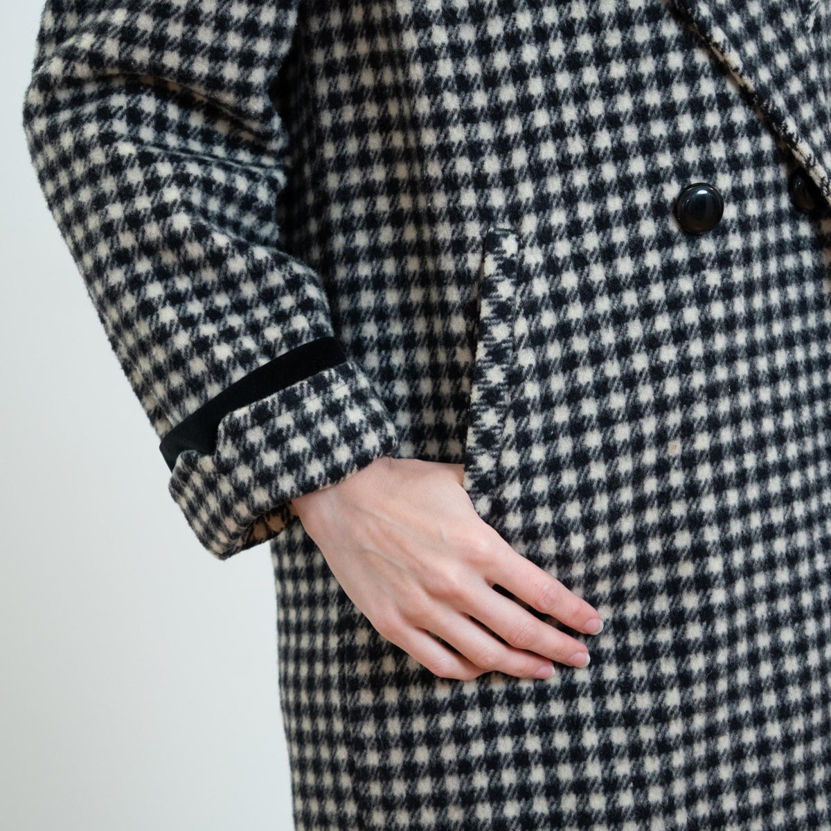 Vintage 80s Black & White Gingham Check Wool Overcoat - Petite Large | Double Breasted Button Up Long Winter Coat